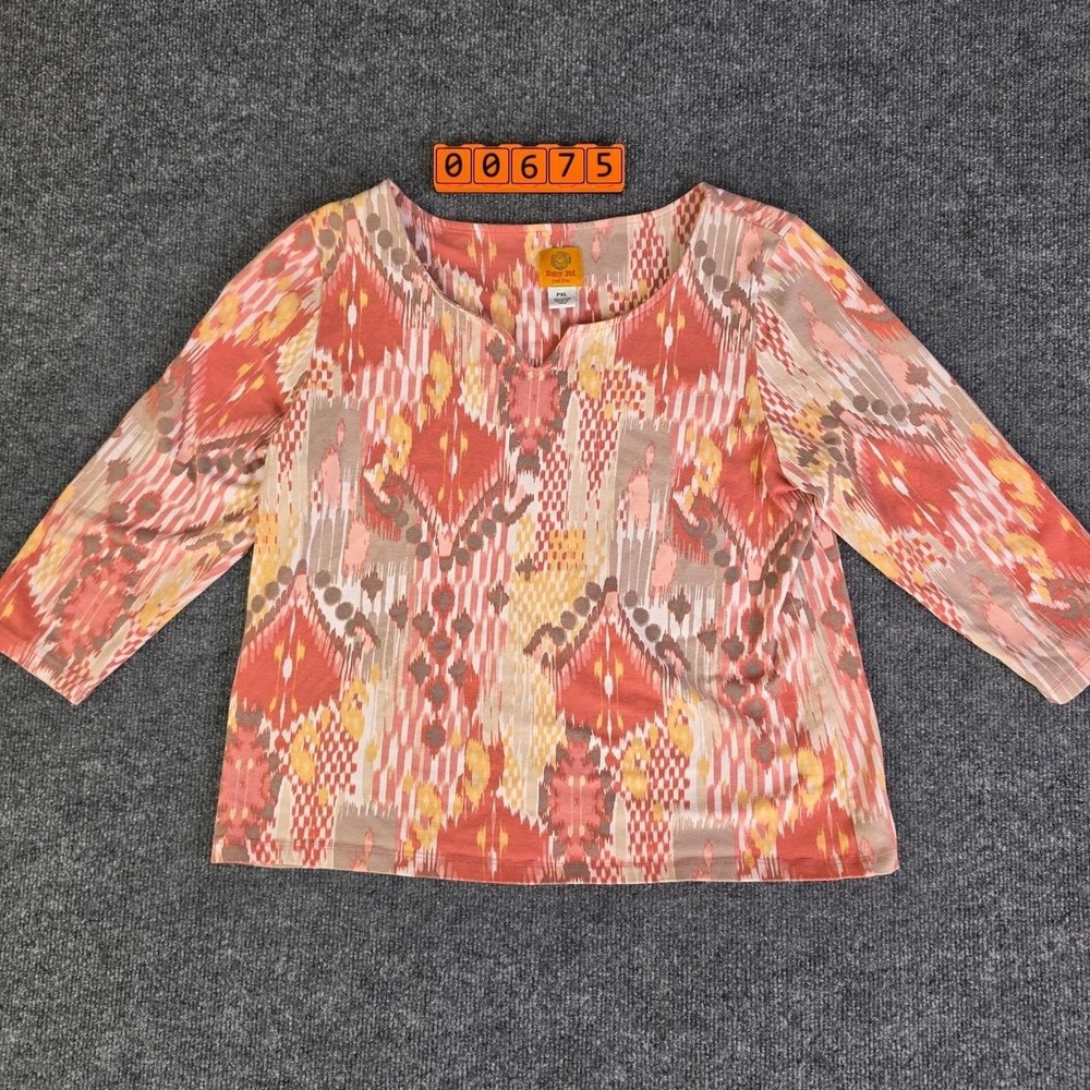 Ruby Rd. Orange, red, and beige abstract geometric blouse with 3/4 sleeves